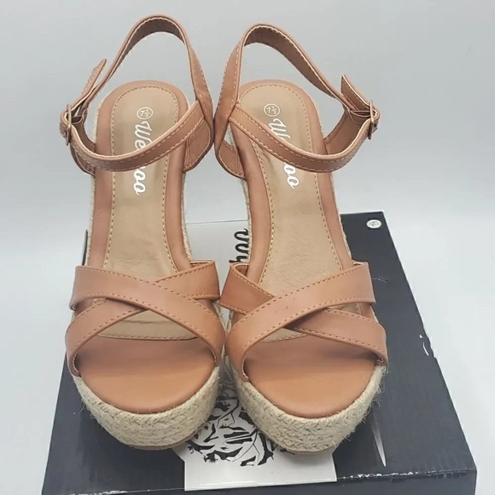 Weeboo Tan Mid High Heel Wedge Strappy Buckle Espadrille Sandals Size 7.5